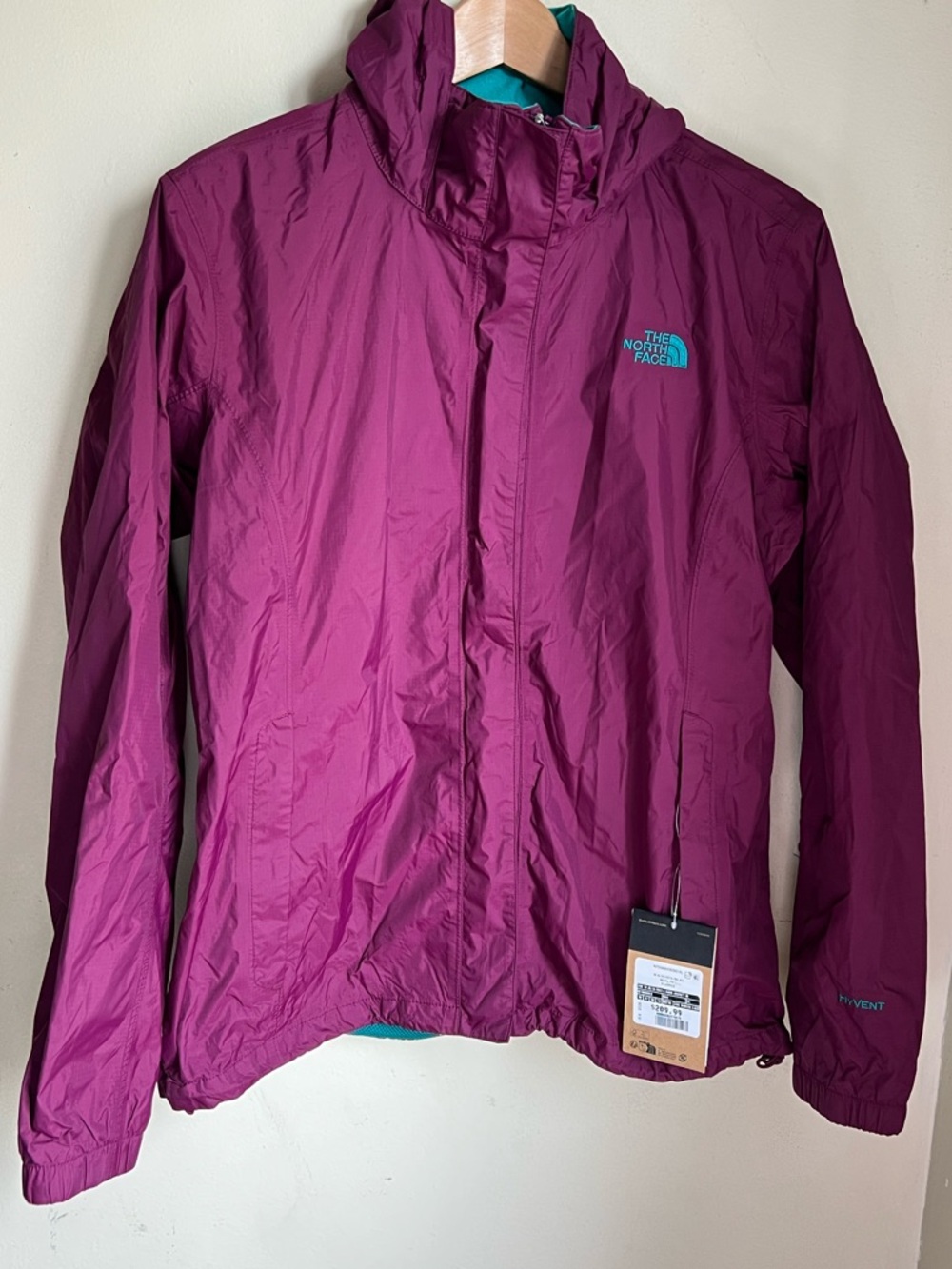 The North Face Women's Hooded Packable Jacket - Berry Plum with Teal Logo